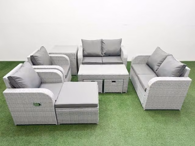 Fimous 9 Seater Rattan Garden Furniture Set with Reclining Chairs, Coffee Table and Stools in Light Grey