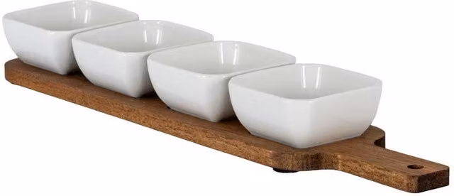 Lemon Pavilion Acacia Wood Rectangular Serving Board with Four Brown Ceramic Bowls