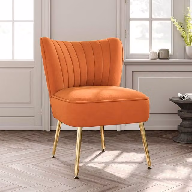 Livingandhome Modern Orange Velvet Armless Wingback Accent Chair with Gold Metal Legs and Ottoman