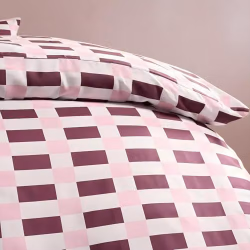 OHS Checkerboard Microfibre Double Duvet Cover and Pillowcase Set in Pink and Red, W/D/H: 200 x 200 cm – 3