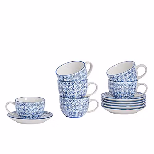 Nicola Spring 12 Piece Blue Floral Hand-Printed Stoneware Cappuccino Cup and Saucer Set