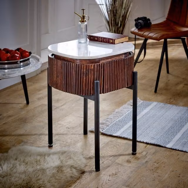 Luxor Living Round Mango Wood Bedside Table with Marble Top and Metal Legs in Brown and White, W/D/H: 45 x 40 x 60 cm
