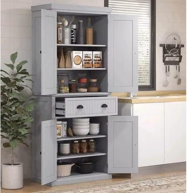 FORGEVIO Tall Kitchen Storage Cupboard Cabinet in Grey with Hinged Doors and Internal Shelves
