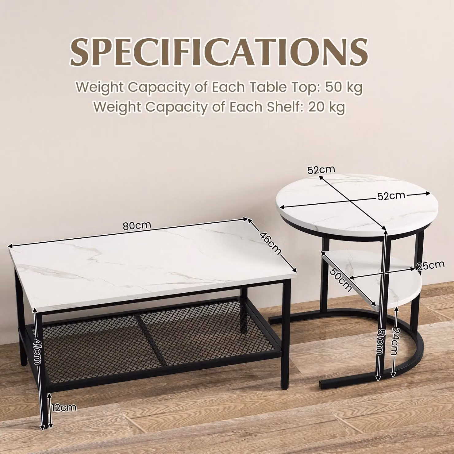 Costway Set of 2 Black Faux Marble Nesting Coffee Tables with 2-Tier Detachable Round Tops – 2