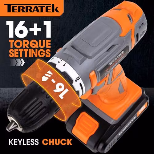 Terratek 18V Cordless Drill and Screwdriver Set with 13pc Kit, Rechargeable Battery and Case in Grey and Orange – 5