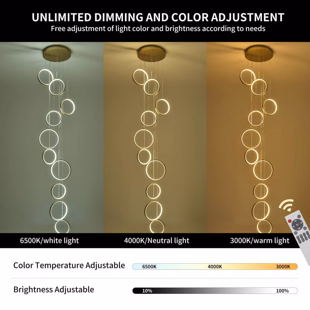 NIVOR 10 Ring LED High Ceiling Chandelier in Gold with Remote and Dimmable Control – 4