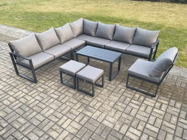Fimous 10 Seater Aluminium Outdoor Garden Furniture Set in Dark Grey with L-Shape Corner Sofa, Oblong Coffee Table and 2 Matching Ottomans