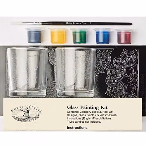 House of Crafts Glass Painting Single Craft Kit in Multicoloured with 2 Candle Glasses, 5 Glass Paints and Artist Brush – 2
