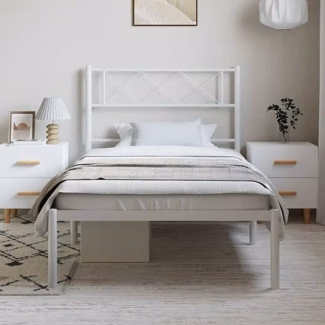 Berkfield Home Metal Bed Frame with Headboard in White, W/D/H: 100 x 200 cm