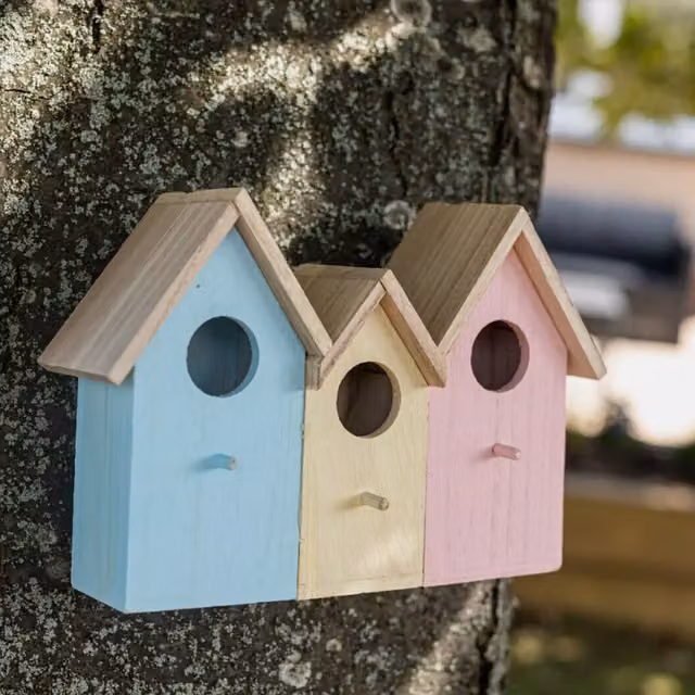 Garden Mile 3 in 1 Colourful Hanging Wooden Wild Bird Nesting Box in Blue, Pink and Yellow