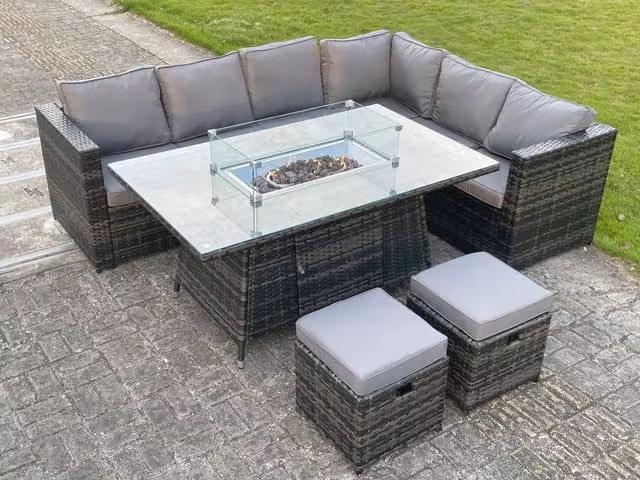 Fimous 8 Seater Outdoor Rattan Garden Corner Furniture Set with Gas Fire Pit Table, Gas Heater and Small Footstools in Dark Grey