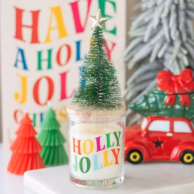 Uniqueful Holly Jolly Pine and Fir Glass Pillar Candle in Multicolour
