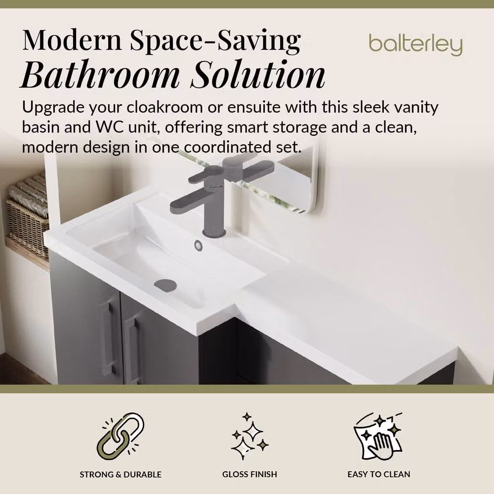 Balterley Modern Left-Hand Vanity and WC Unit Combination in Grey with Brushed Pewter Details, W: 110 cm, H: 84 cm – 2