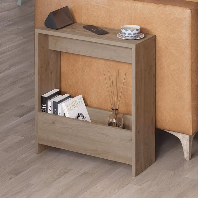 Decortie Simpi Slim Side End Table with Magazine Rack in Oak Effect Brown, W/D/H: 60 x 20 x 12 cm