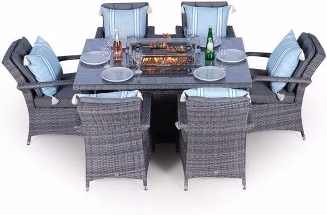 Giardino Arizona Square Rattan Patio Dining Set with Fire Pit in Grey and Brown, 6 Seater
