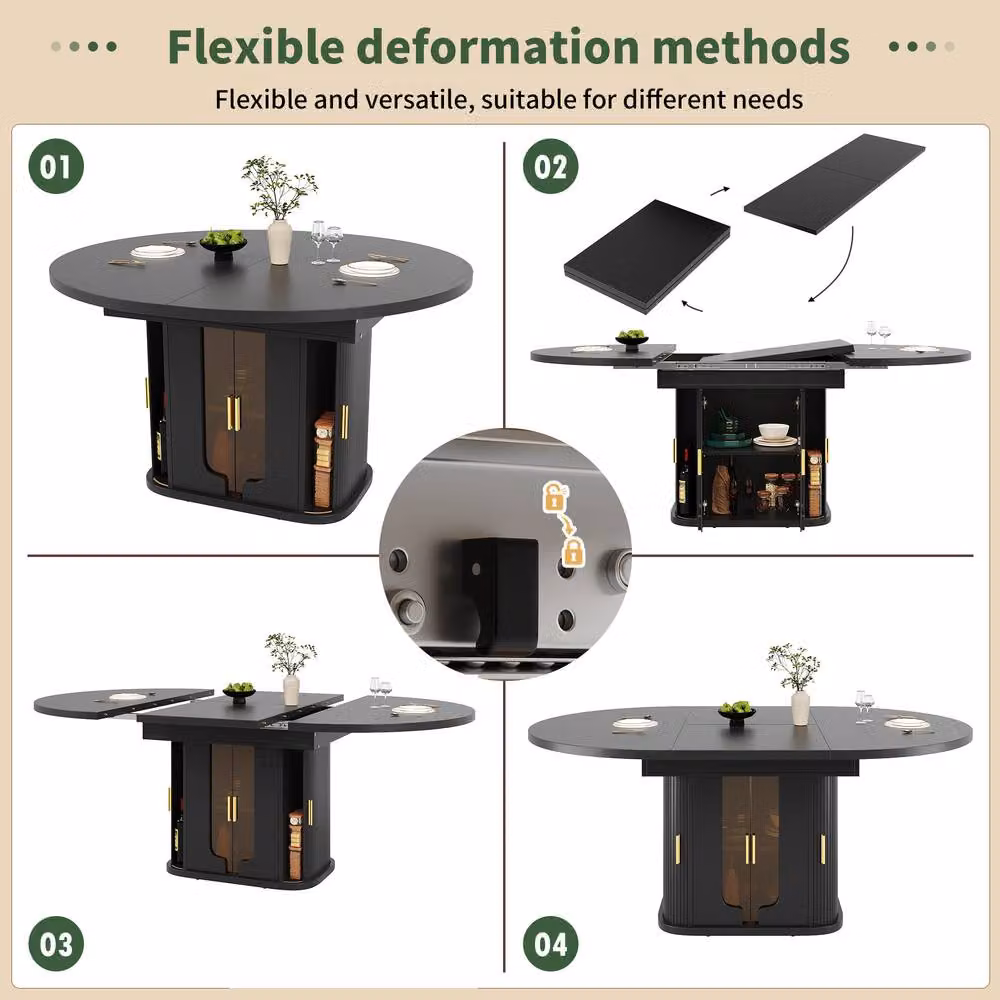 Merax Extendable Round Dining Table in Black with Glass and MDF Laminate – 4