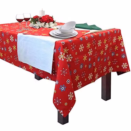 Homescapes Rectangular Cotton Christmas Tablecloth in Red, White, Yellow and Blue, W/D/H: 137 x 178 cm – 1