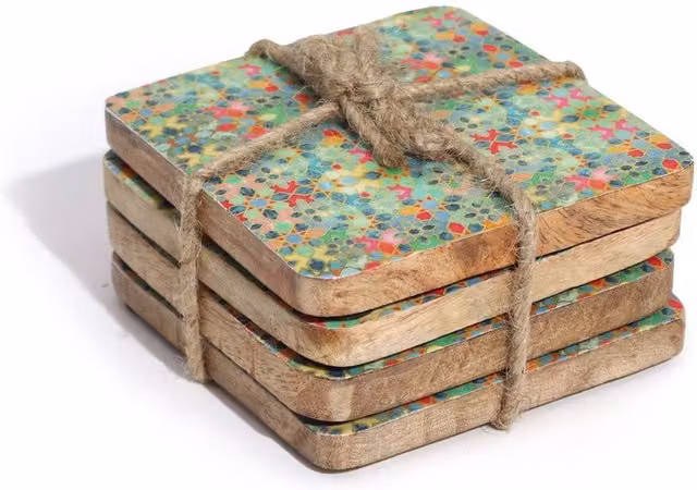 Serenityy Set of 4 Square Wood Coasters with Multicolour Geometric Mediterranean Tile Pattern