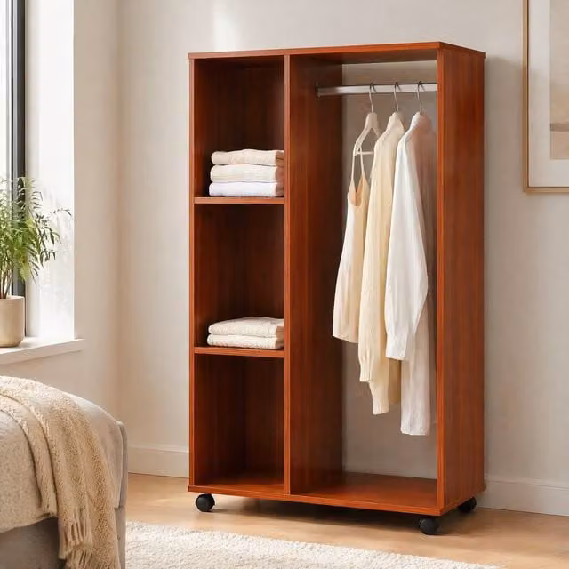 STILVORA Open Wardrobe with Shelves and Wheels in Walnut Brown, H 128.0 cm x W 80.0 cm