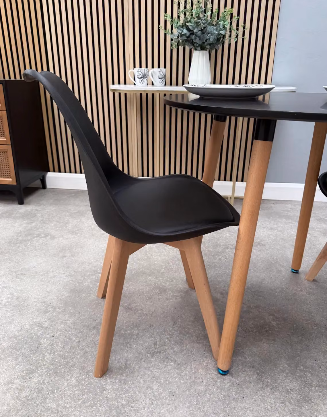 Life Interiors Set of 4 Scandinavian Dining Chairs with Black Synthetic Leather Cushions and Solid Wood Legs – 4