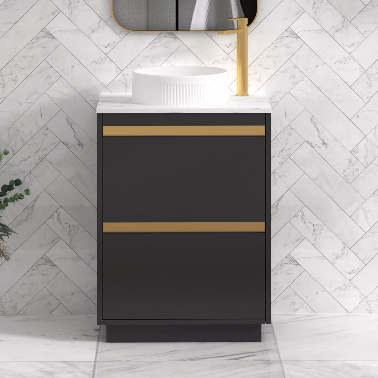 Royal Bathrooms Orion 800mm Matt Obsidian Black Floor Standing Countertop Vanity Unit with 2 Drawers, Round Basin and Brushed Brass Accent Trim