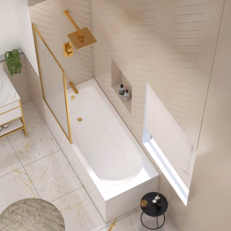 Royal Bathrooms Breeze Round Single Ended Shower Bath in White with Brushed Brass Framed Fluted Screen, W: 1700 mm, D: 750 mm