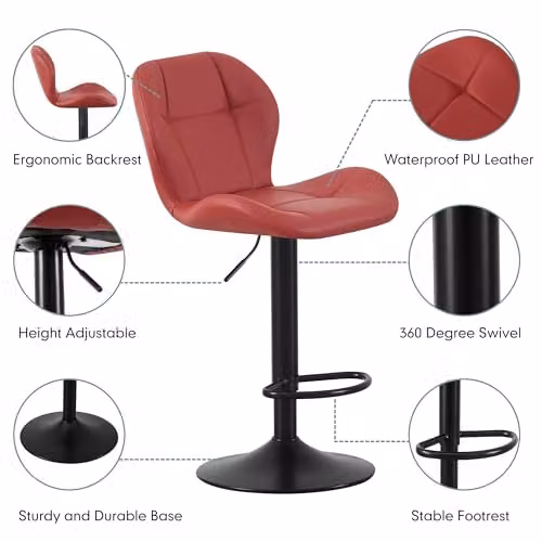 mcc direct Stella Set of 2 Red Faux Leather Swivel Bar Stools with Backrest and Metal Base – 4