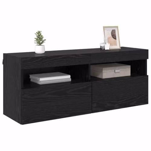 vidaXL Modern Wall-Mounted TV Cabinet in Black Matt MDF with Integrated Lighting and Internal Shelves, W/D/H: 100 x 40 x 40 cm – 1