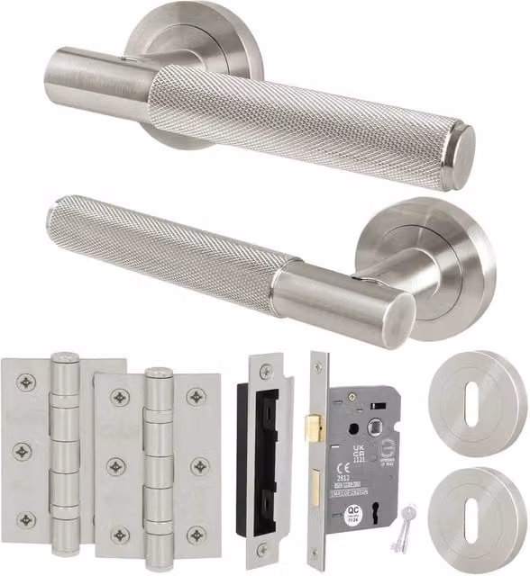AFIT Satin Nickel Round Rose Door Handle with Key Lock and Hinges, Silver, W/D/H: 150 x 150 x 5.8 mm – 1