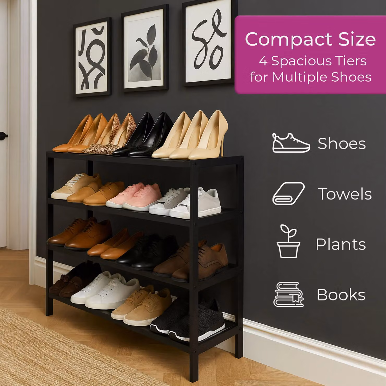 Neo 4 Tier Bamboo Wooden Shoe Storage Rack in Jet Black – 2