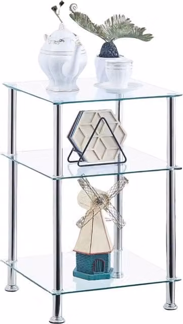 Pirlo Plush 3 Tier Tempered Glass Side Table in Silver and Transparent, W/D/H: 40 x 40 x 61 cm