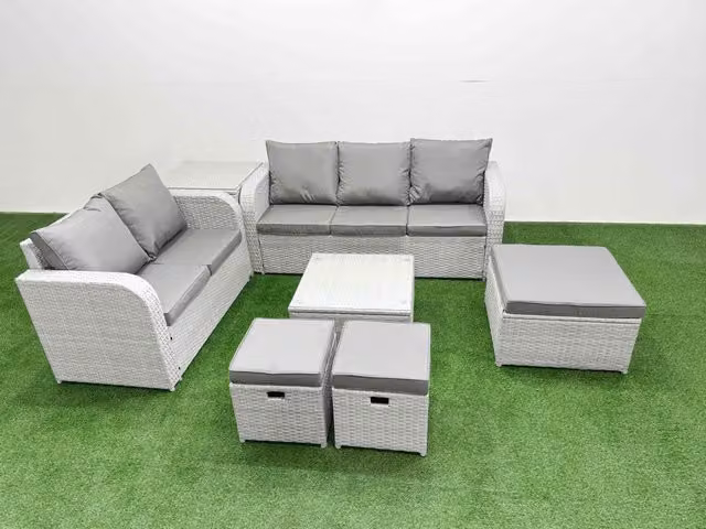 Fimous 8 Seater Grey PE Rattan Wicker Garden Furniture Set with 3 Seater Sofa, Love Seat, Square Coffee Table and 3 Ottomans