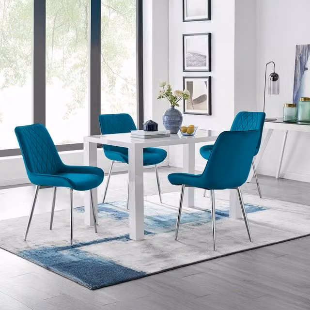 FurnitureboxUK Pivero 4 White Rectangular Dining Table and 4 Pesaro Silver Leg Chairs in Blue