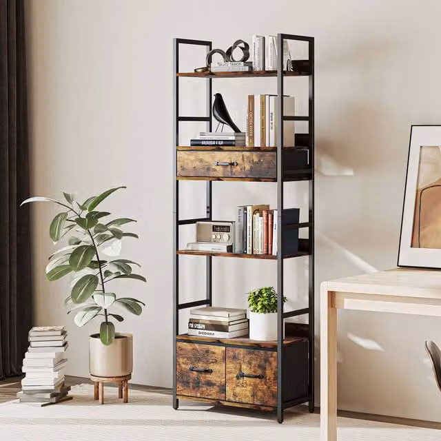 HOMCOM Industrial Bookshelf with 4 Shelves and 3 Fabric Drawers in Rustic Brown and Black