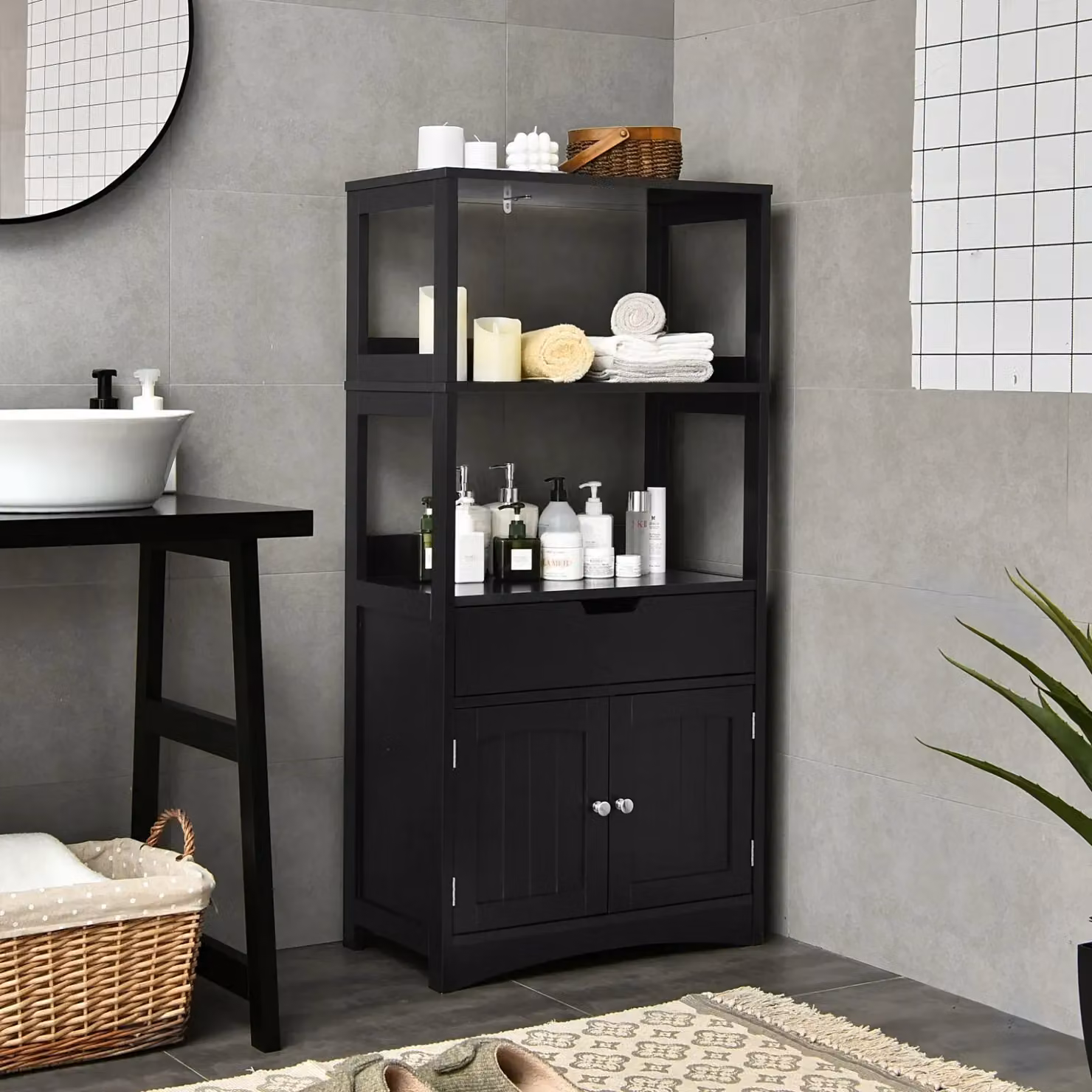 Costway Black Wooden Tall Freestanding Bathroom Floor Cabinet with 2 Open Shelves and Internal Storage – 3