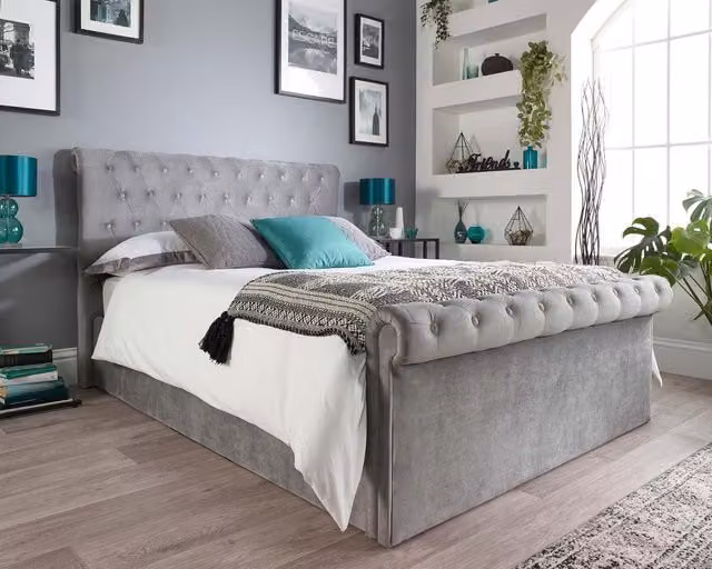 Aspire Store Grey Velvet Chesterfield Ottoman Storage Bed W/D/H: 90 x 190 cm