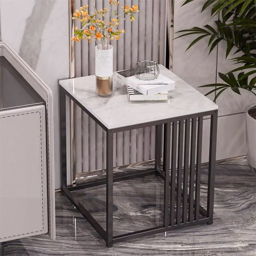 KORVIXA Minimalist White Ceramic Side Table with Matt Stone Top and Metal Legs, W/D/H: 45 x 40 x 40 cm – 3