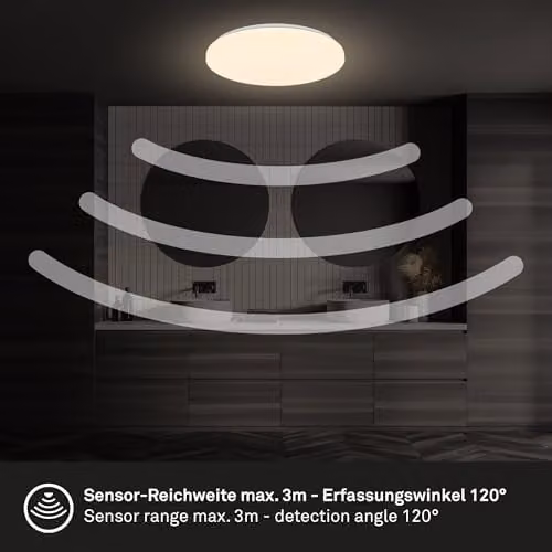 Briloner White LED Ceiling Light with Motion Sensor, IP54, Warm White, W/D/H: 27 x 27 x 6.5 cm – 5