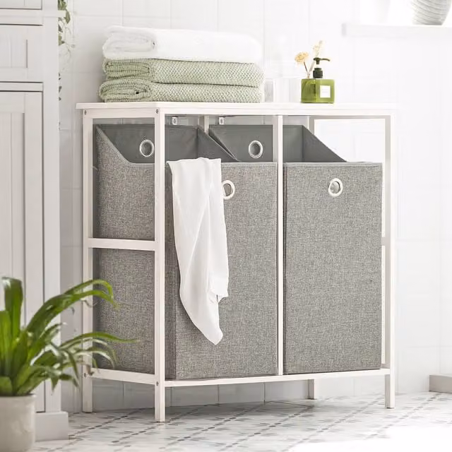 SoBuy Modern Freestanding Bathroom and Hallway Cabinet in White and Grey with Internal Shelves and Open Shelf Doors