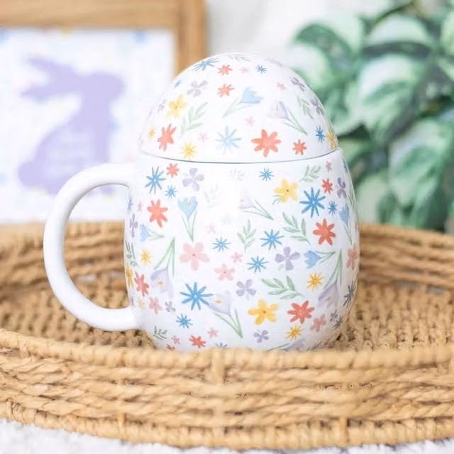 Uniqueful Spring Floral Print Ceramic Egg Shaped Mug with Lid in Multicolour