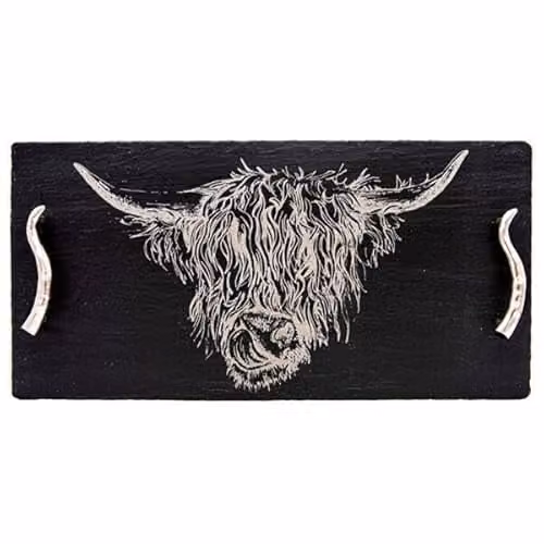 The Just Slate Company Large Highland Cow Slate Serving Tray with Handles