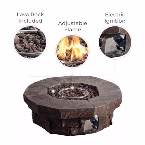 Teamson Home Brown Round Stone Effect Propane Gas Fire Pit Table with Lava Rocks and Cover – 4
