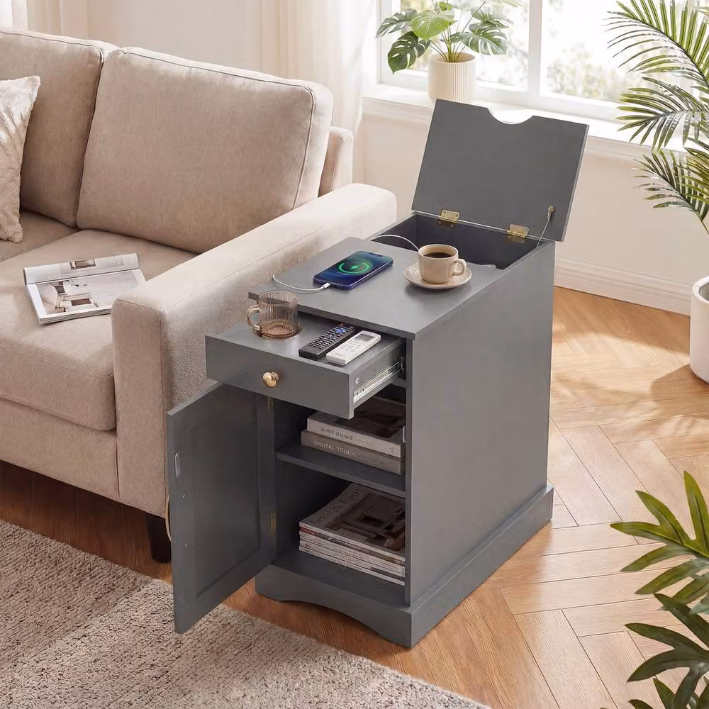 Costway Wooden End Table with Charging Station and Drawer, Grey – 3