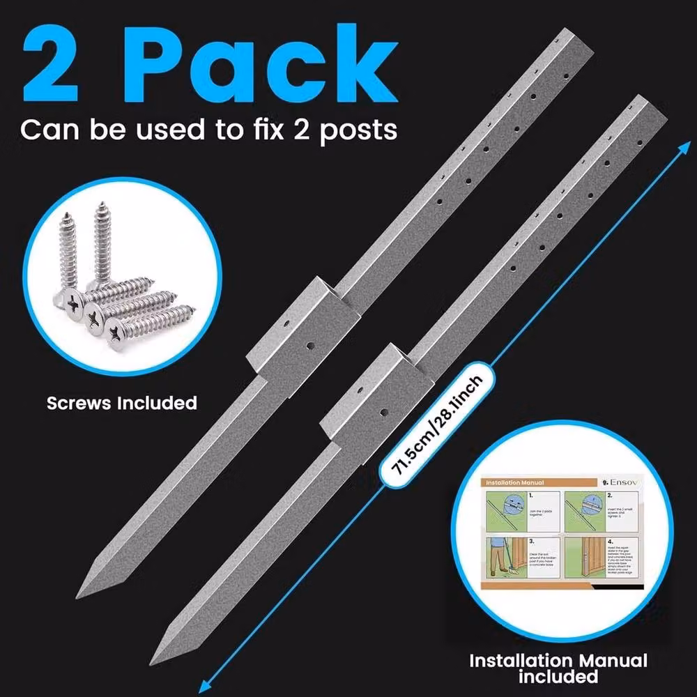 FLAVORA Heavy Duty Fence Post Repair Stakes Kit, 2 Pieces, Galvanised Silver, H: 120 cm, W: 3.2 cm – 4
