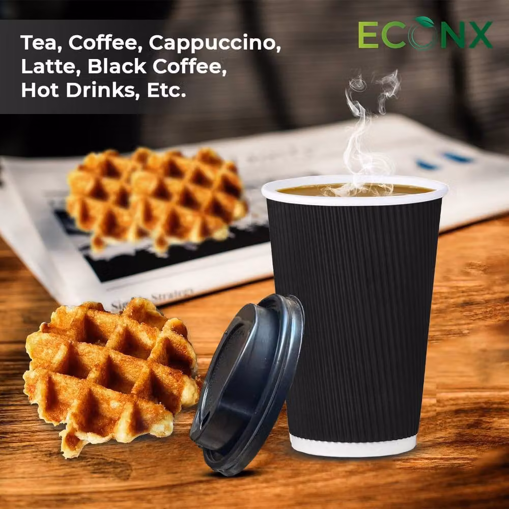 ECONX 200 Pack Disposable Kraft Ripple Paper Coffee Cups with Lids, Black, 16oz – 6