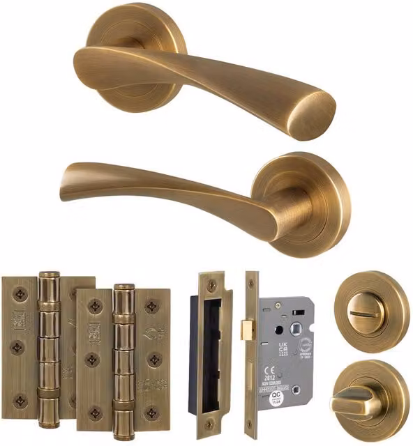 AFIT Antique Brass Bathroom Door Handle Rose with 80mm Lock and Hinges in Bronze, W/D/H: 15 x 15 x 1.5 cm