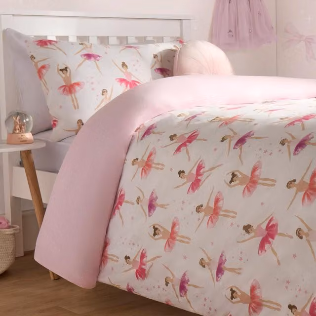 OHS Ballerina Graphic Duvet Cover Set for Children, Single, Pink and White