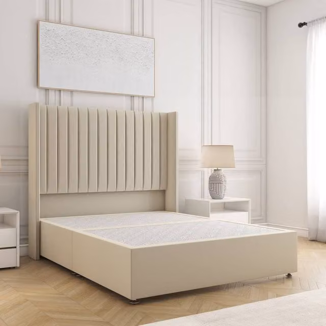 BSSPOKE Manhattan Single Divan Bed with 54 inch Plush Velvet Headboard in Cream