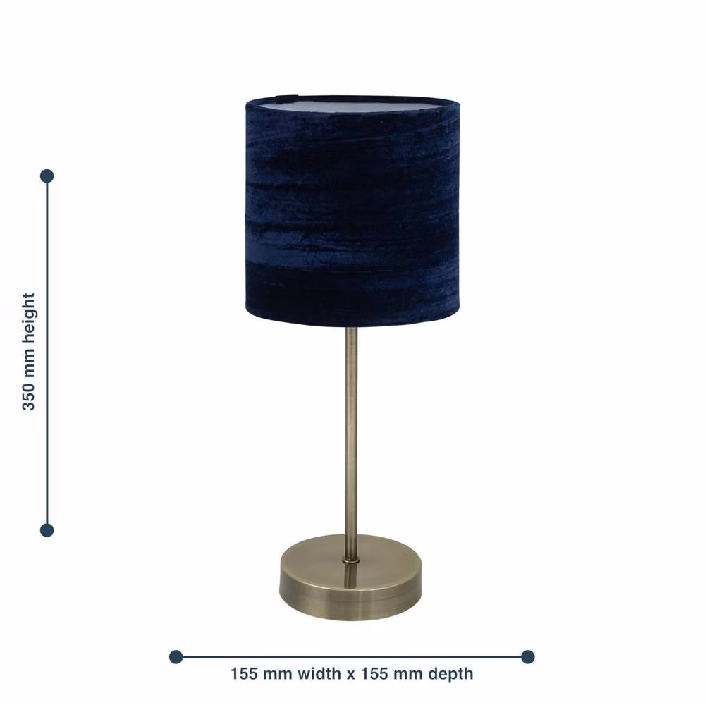 First Choice Lighting Antique Brass Stick Table Lamp with Navy Blue Crushed Velvet Shade in Bronze – 4