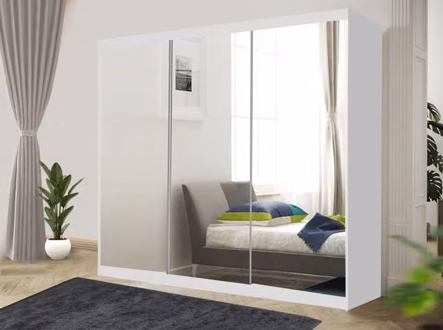 RAC3 Modern White Sliding Mirror Wardrobe with Integrated Drawers, Width: 250 cm